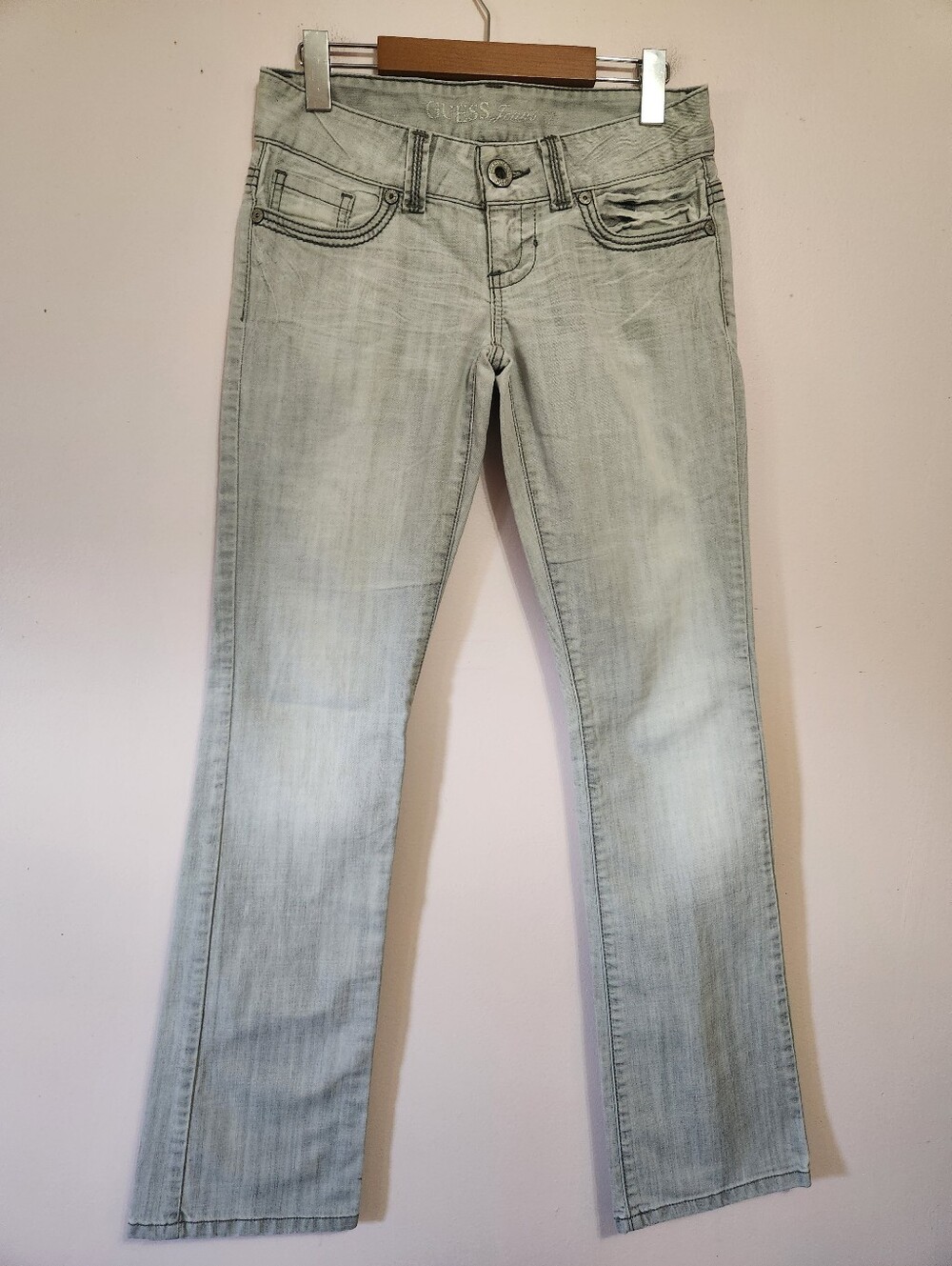 Vintage Y2K GUESS Daredevil Low Rise Straight Jeans Grey Embroidered Pocket